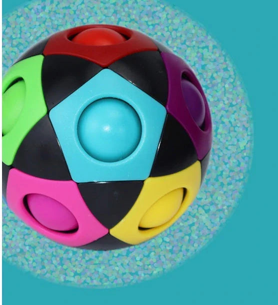 Colorful stress-relieving soccer ball puzzle with 12 holes, designed to engage children's cognitive skills and provide entertainment