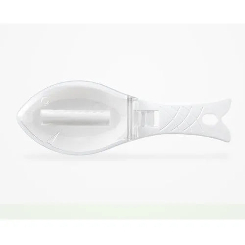 Fish scaler with fish-shaped handle and integrated scale cover for kitchen fish preparation