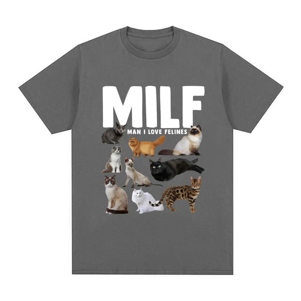 Geometric pattern cat lover graphic on a short sleeve cotton T-shirt, shown in multiple colours.