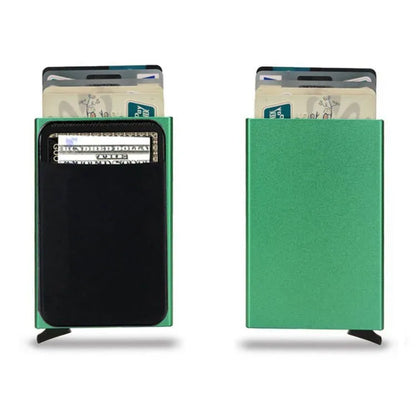 Aluminium alloy credit card holder with frosted finish measuring 9.5x6x1.0cm, showing RFID protection for 4-6 cards