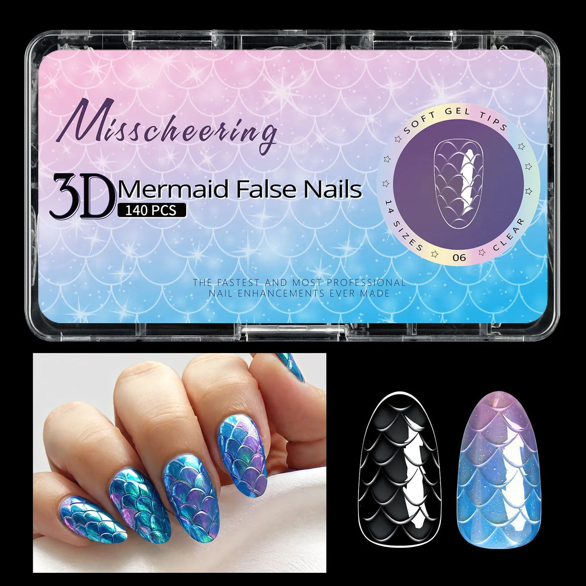Professional 3D scale long shaping false nail tips in Frigate Box packaging for nail extensions.