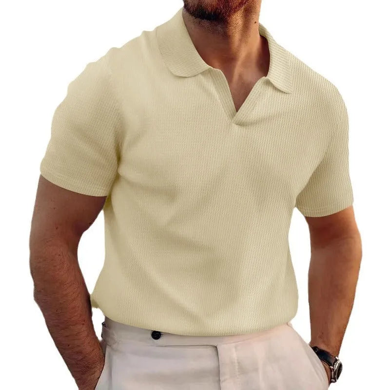 Men's lapel collar waffle knit T-shirt in slim fit, shown in a solid colour.