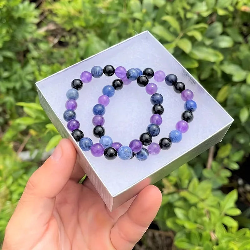 Purple beaded bracelet with 8mm glass beads, unisex design