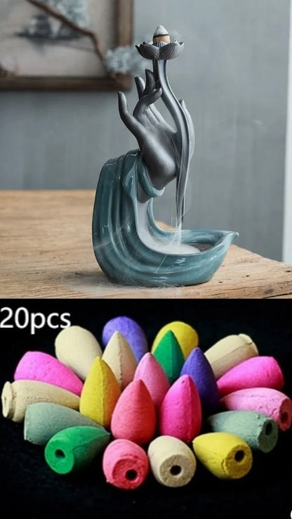 Wood flour indoor incense tower burner, 15cm tall with 8cm base and colour glaze, viewing smoke from 2.5cm cones