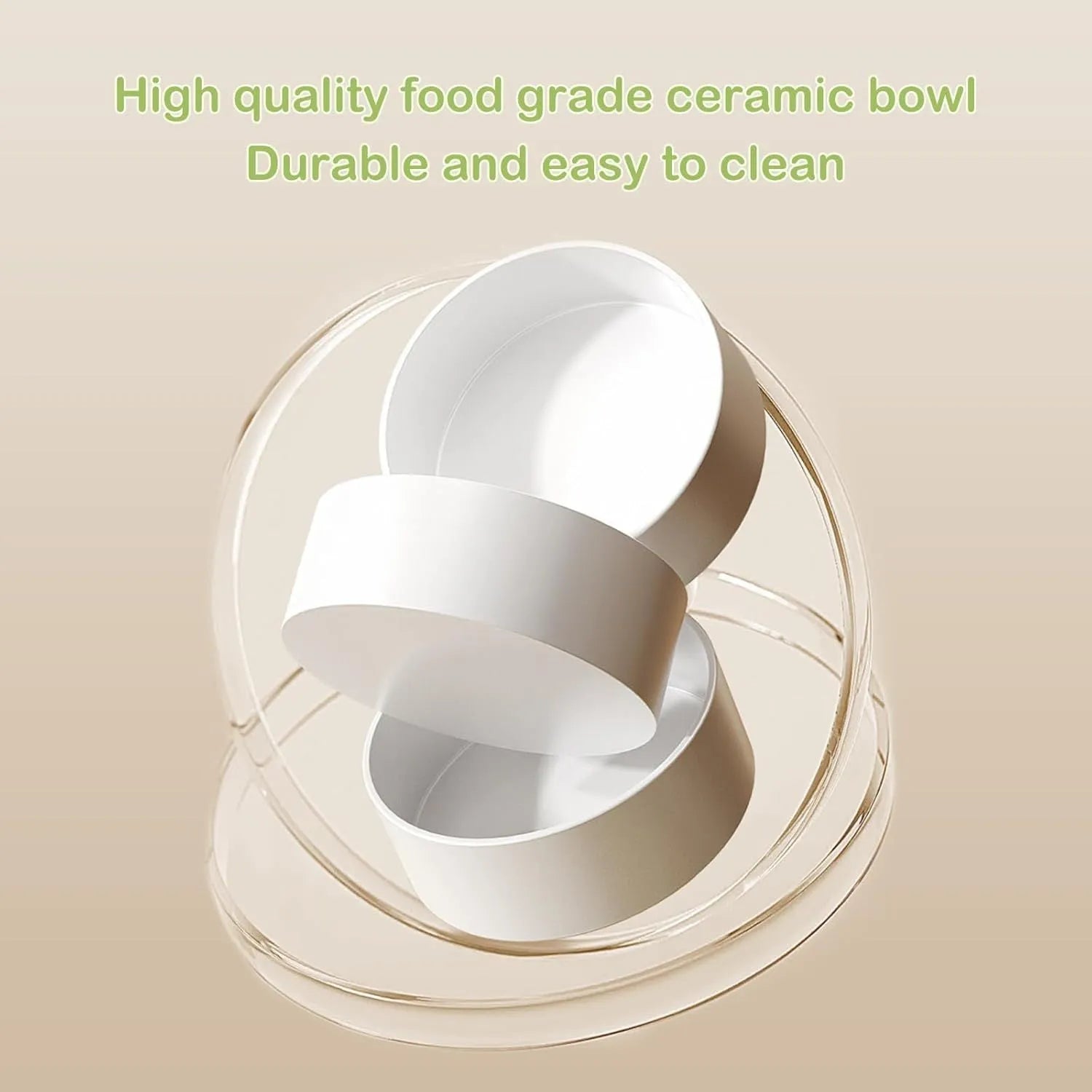 Green ceramic raised cat feeder with two tilted bowls on a non-slip white stand.