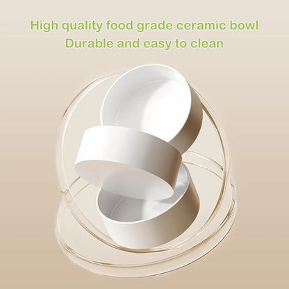 Green ceramic raised cat feeder with two tilted bowls on a non-slip white stand.