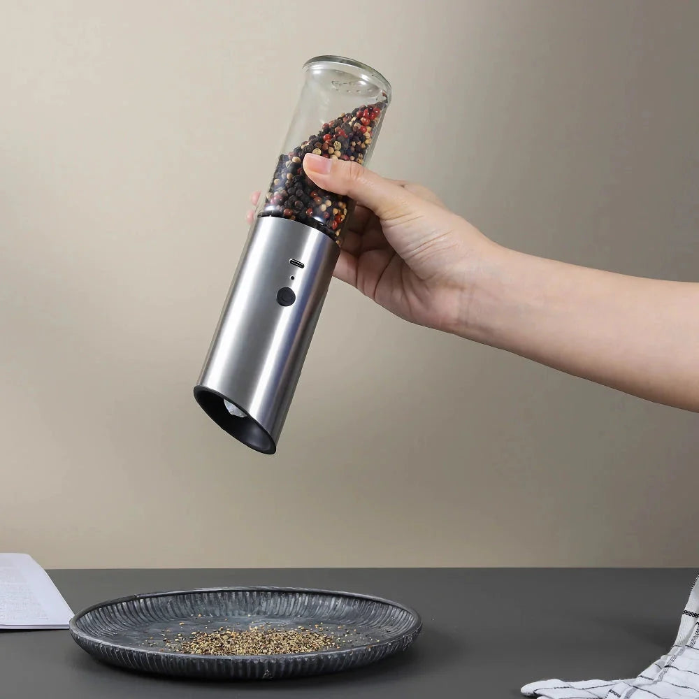 Trendha Electric Salt and Pepper Grinder with stainless steel body and LED light for precise seasoning
