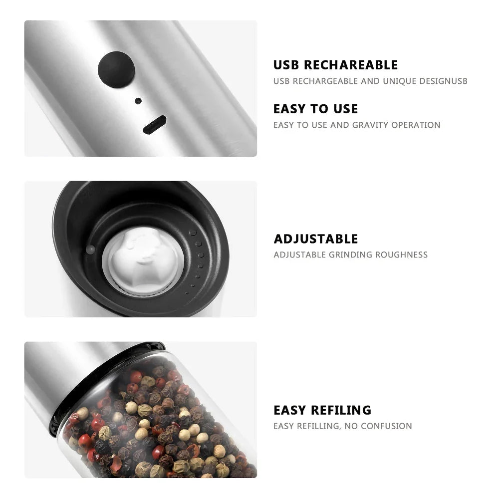 Trendha Electric Salt and Pepper Grinder with stainless steel body and LED light for precise seasoning