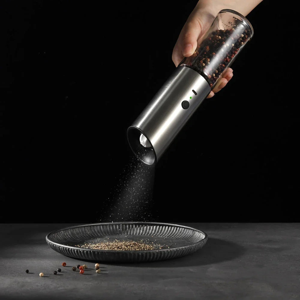 Trendha Electric Salt and Pepper Grinder with stainless steel body and LED light for precise seasoning