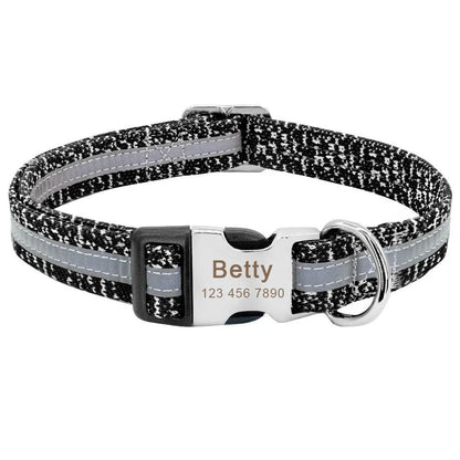 Trendha Dog's Reflective Detail Printed Collar in black, made of durable nylon with adjustable sizing and reflective detailing for nighttime visibility