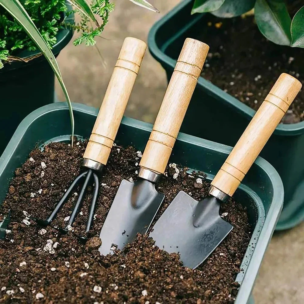 A set of 3 mini garden tools including a shovel, trowel, and rake made of premium solid wood and rust-proof iron for durable and efficient gardening