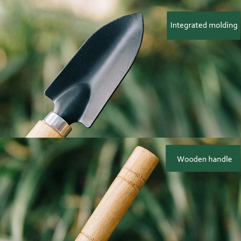A set of 3 mini garden tools including a shovel, trowel, and rake made of premium solid wood and rust-proof iron for durable and efficient gardening
