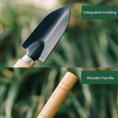 A set of 3 mini garden tools including a shovel, trowel, and rake made of premium solid wood and rust-proof iron for durable and efficient gardening
