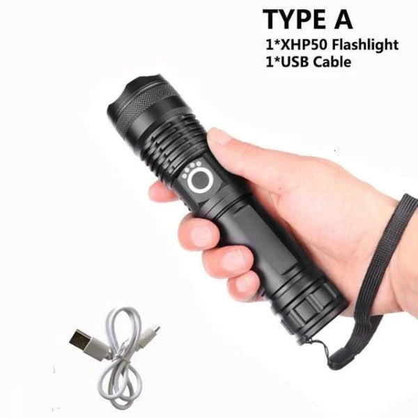90,000 lumens Xlamp XHP70.2 most powerful LED flashlight with adjustable zoom and water-resistant design