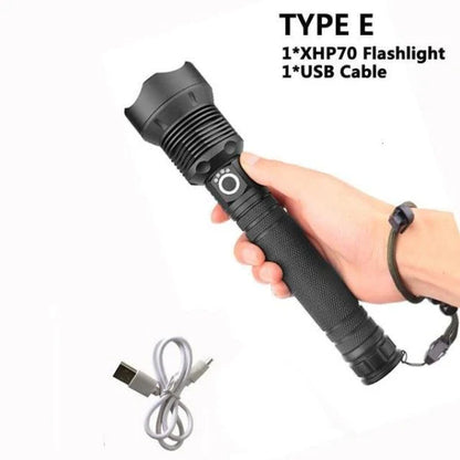 90,000 lumens Xlamp XHP70.2 most powerful LED flashlight with adjustable zoom and water-resistant design