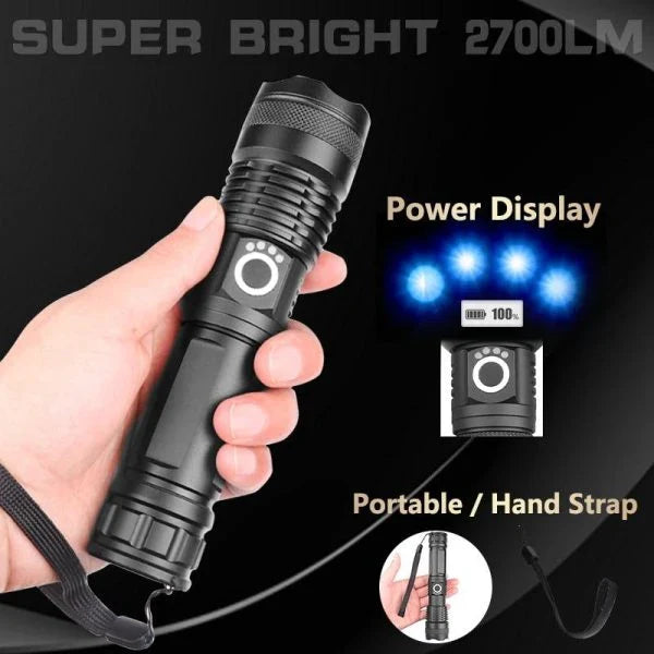 90,000 lumens Xlamp XHP70.2 most powerful LED flashlight with adjustable zoom and water-resistant design