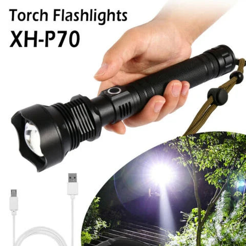 90,000 lumens Xlamp XHP70.2 most powerful LED flashlight with adjustable zoom and water-resistant design