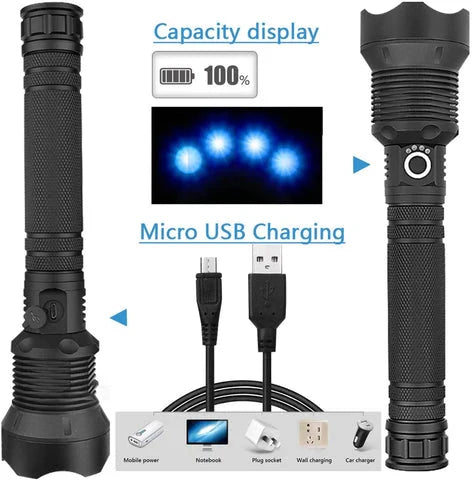 90,000 lumens Xlamp XHP70.2 most powerful LED flashlight with adjustable zoom and water-resistant design