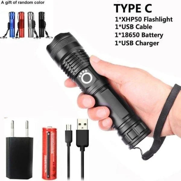 90,000 lumens Xlamp XHP70.2 most powerful LED flashlight with adjustable zoom and water-resistant design
