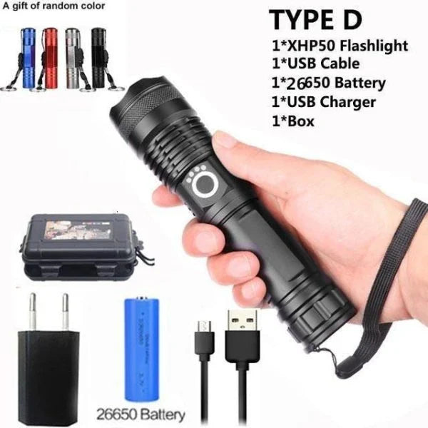 90,000 lumens Xlamp XHP70.2 most powerful LED flashlight with adjustable zoom and water-resistant design