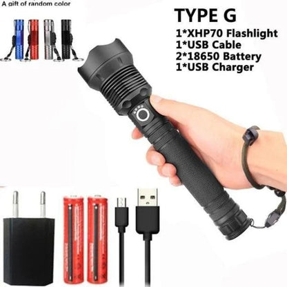 90,000 lumens Xlamp XHP70.2 most powerful LED flashlight with adjustable zoom and water-resistant design