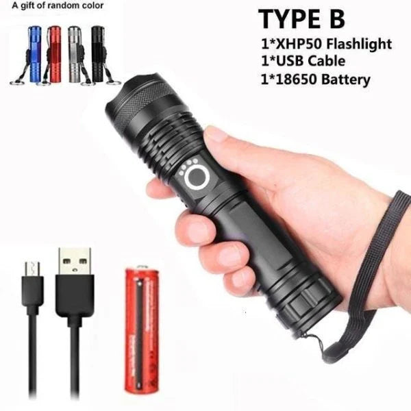 90,000 lumens Xlamp XHP70.2 most powerful LED flashlight with adjustable zoom and water-resistant design