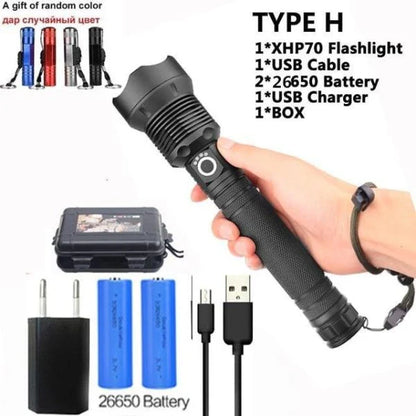 90,000 lumens Xlamp XHP70.2 most powerful LED flashlight with adjustable zoom and water-resistant design