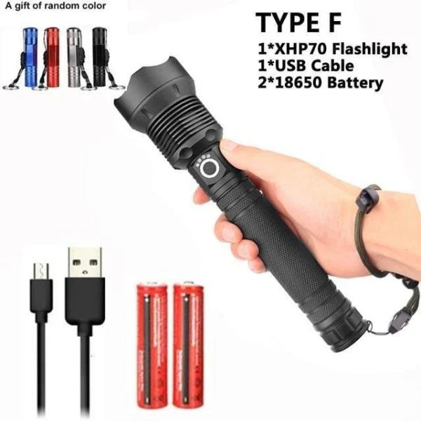 90,000 lumens Xlamp XHP70.2 most powerful LED flashlight with adjustable zoom and water-resistant design
