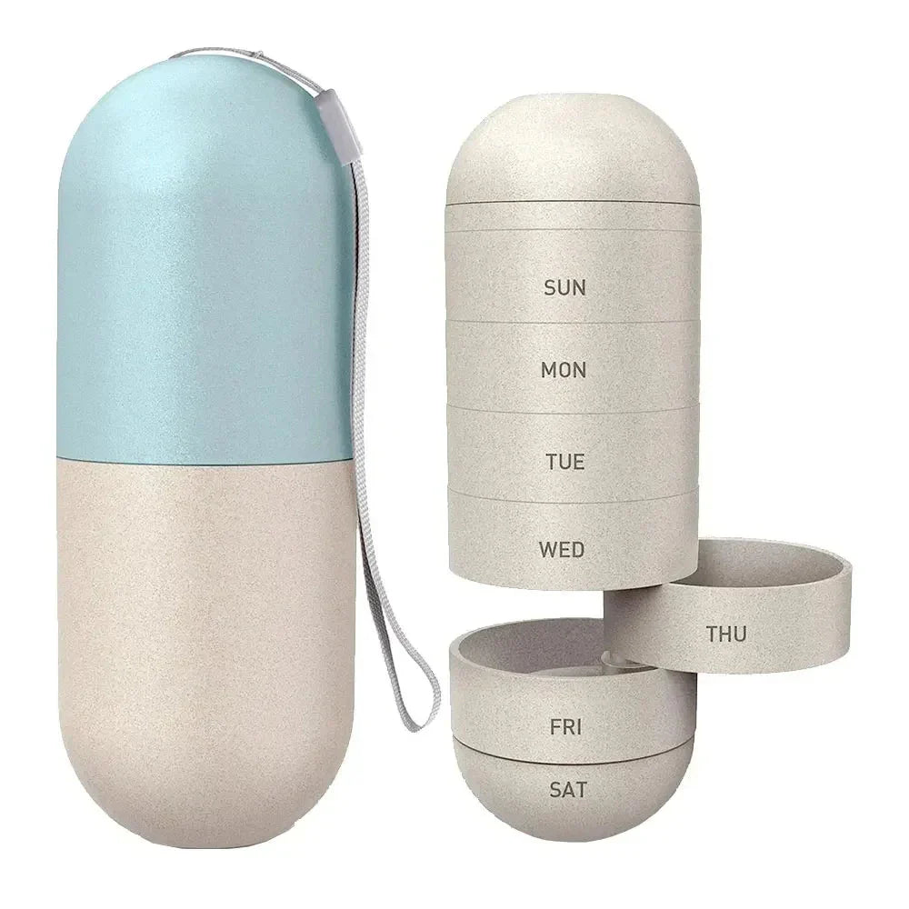 Portable weekly pill organizer with waterproof compartments, laser-engraved days, and secure spin-locking system