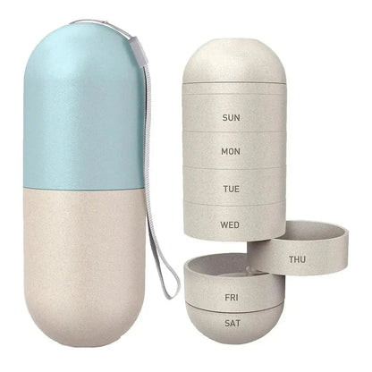 Portable weekly pill organizer with waterproof compartments, laser-engraved days, and secure spin-locking system