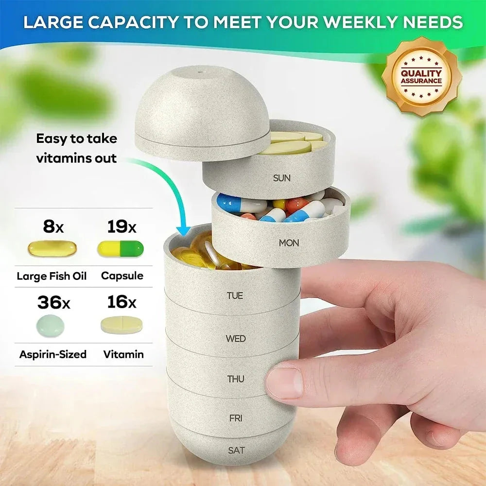 Portable weekly pill organizer with waterproof compartments, laser-engraved days, and secure spin-locking system