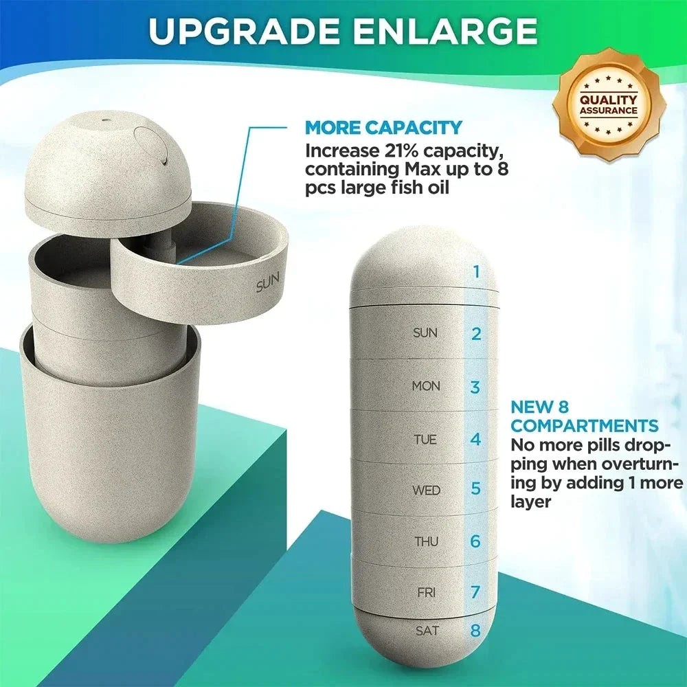 Portable weekly pill organizer with waterproof compartments, laser-engraved days, and secure spin-locking system