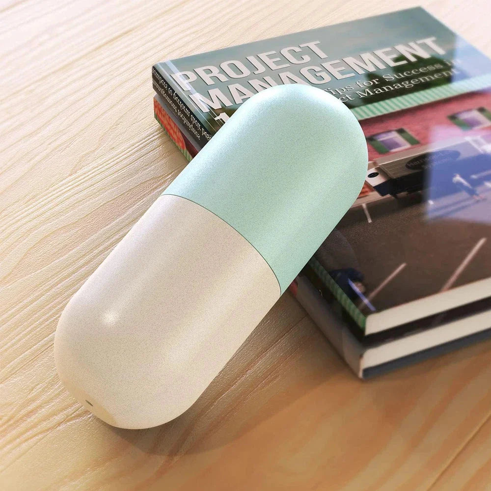 Portable weekly pill organizer with waterproof compartments, laser-engraved days, and secure spin-locking system