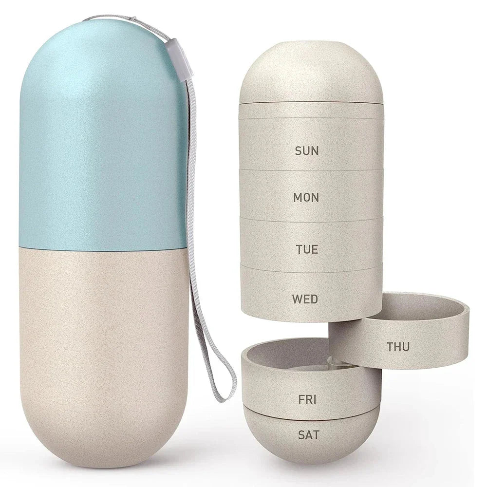 Portable weekly pill organizer with waterproof compartments, laser-engraved days, and secure spin-locking system