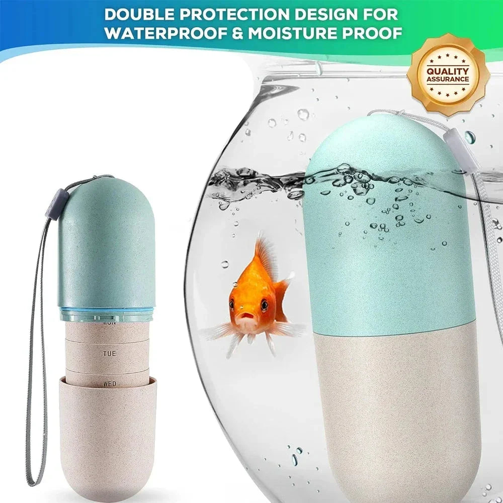 Portable weekly pill organizer with waterproof compartments, laser-engraved days, and secure spin-locking system