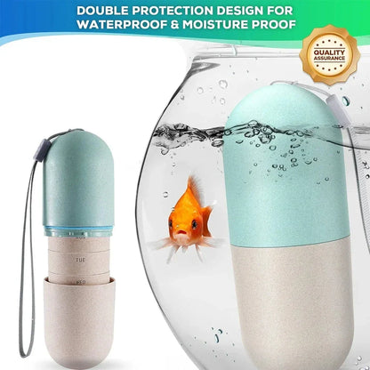 Portable weekly pill organizer with waterproof compartments, laser-engraved days, and secure spin-locking system