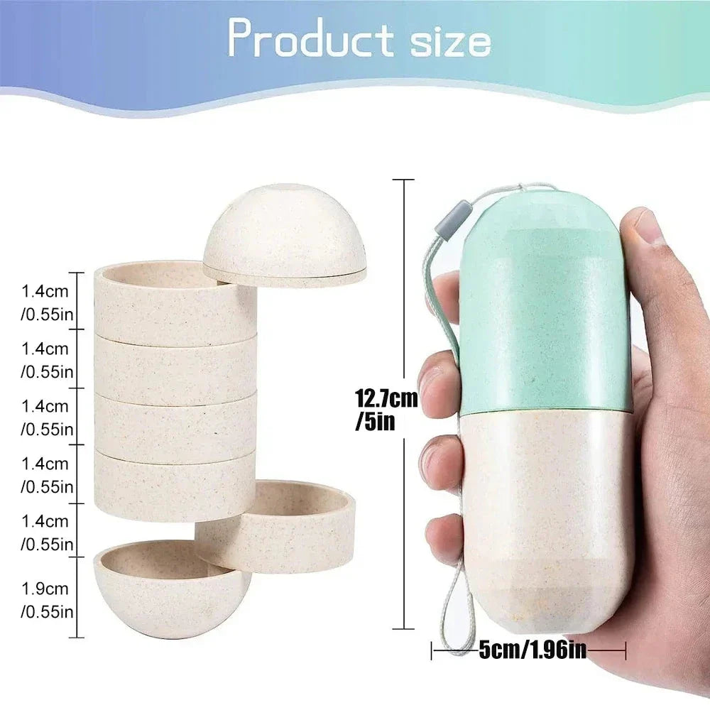 Portable weekly pill organizer with waterproof compartments, laser-engraved days, and secure spin-locking system