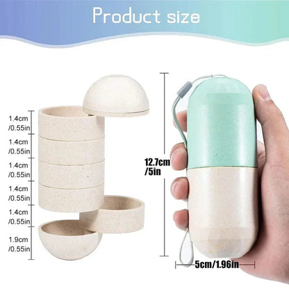 Portable weekly pill organizer with waterproof compartments, laser-engraved days, and secure spin-locking system