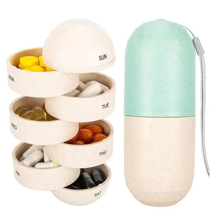 Portable weekly pill organizer with waterproof compartments, laser-engraved days, and secure spin-locking system