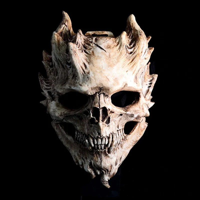 A white and red skull-shaped latex Halloween mask with a chilling, horror-inspired design