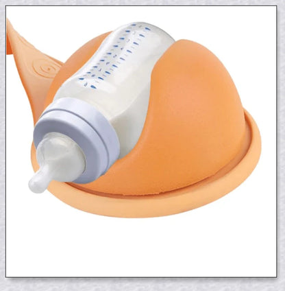 A yellow hands-free baby bottle holder that allows parents to multitask during feeding time