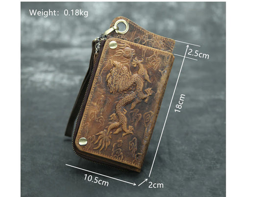 Men's Retro Multi-Card Color Changing Vintage Bracelet Long Zipper Wallet in brown dragon pattern