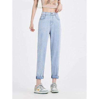 Light blue casual high waist harem jeans with a flattering fit and trendy style