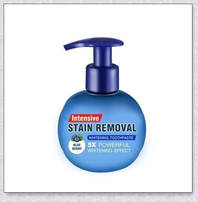 A tube of Intensive Stain Removal Whitening Toothpaste in Blueberry, Passion Fruit, and Blueberry + Passion Fruit flavors