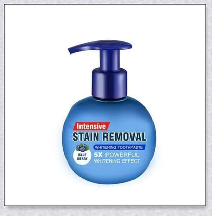 A tube of Intensive Stain Removal Whitening Toothpaste in Blueberry, Passion Fruit, and Blueberry + Passion Fruit flavors