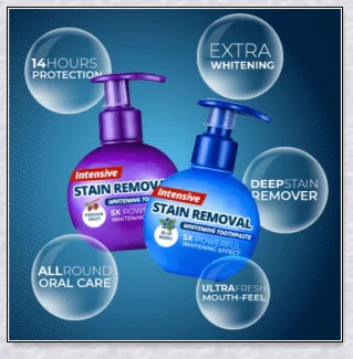 A tube of Intensive Stain Removal Whitening Toothpaste in Blueberry, Passion Fruit, and Blueberry + Passion Fruit flavors