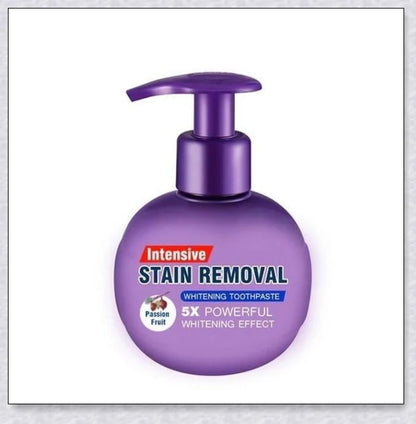 A tube of Intensive Stain Removal Whitening Toothpaste in Blueberry, Passion Fruit, and Blueberry + Passion Fruit flavors
