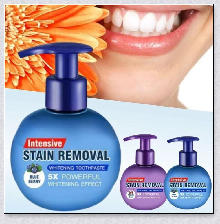 A tube of Intensive Stain Removal Whitening Toothpaste in Blueberry, Passion Fruit, and Blueberry + Passion Fruit flavors