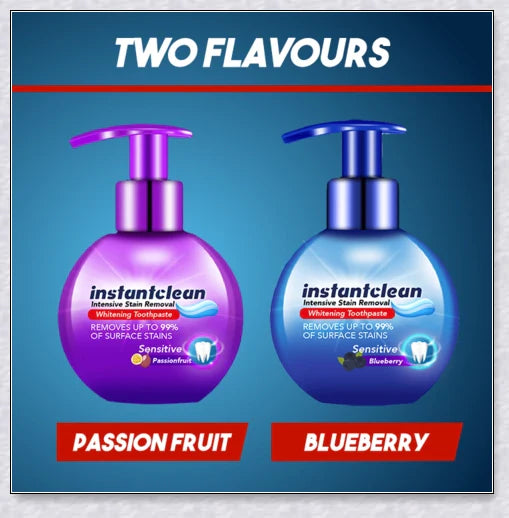 A tube of Intensive Stain Removal Whitening Toothpaste in Blueberry, Passion Fruit, and Blueberry + Passion Fruit flavors