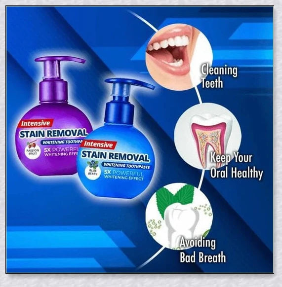 A tube of Intensive Stain Removal Whitening Toothpaste in Blueberry, Passion Fruit, and Blueberry + Passion Fruit flavors